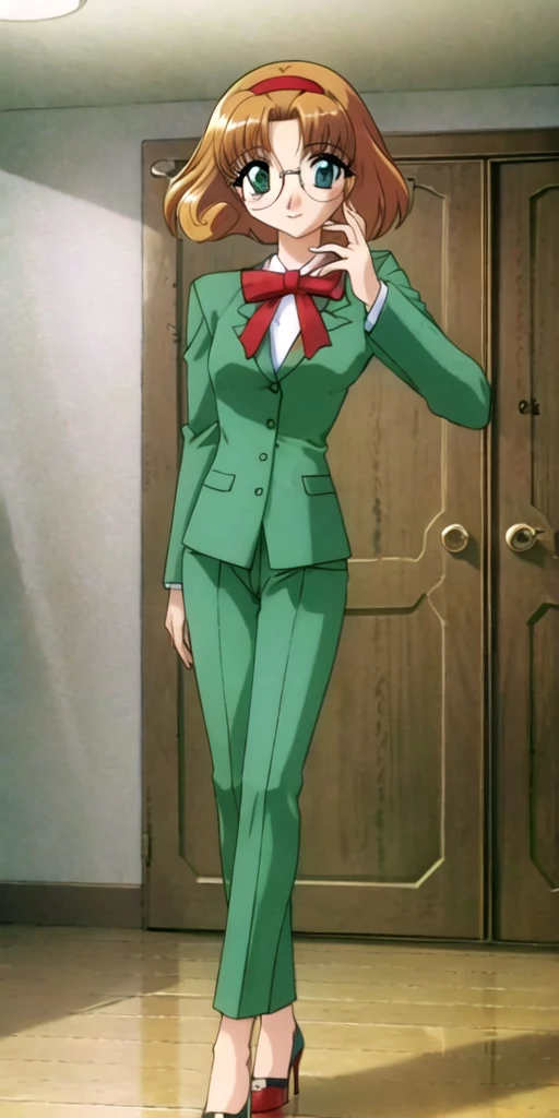 fuu hououji, (4k portrait), masterpiece, best quality,looking at viewer, 1girl,short hair,light brown hair,Glasses,((red hairband)),green blazer,mini skirt,(green high heels:1.4), smile,masterpiece,Noise Reduction,perfect anatomy,high resolution, ultra-detailed,game cg,dutch angle ,beautiful detailed eyes,visualart,five fingers, perfect hands, perfect lighting,BREAK (pants,1.5), full body, arms at sides, BREAK (indoor:1.6), Elevator Hall