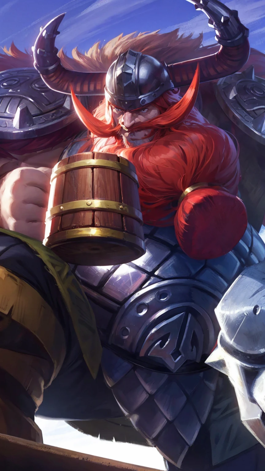 1 man, red hair, viking helmet, muscle,