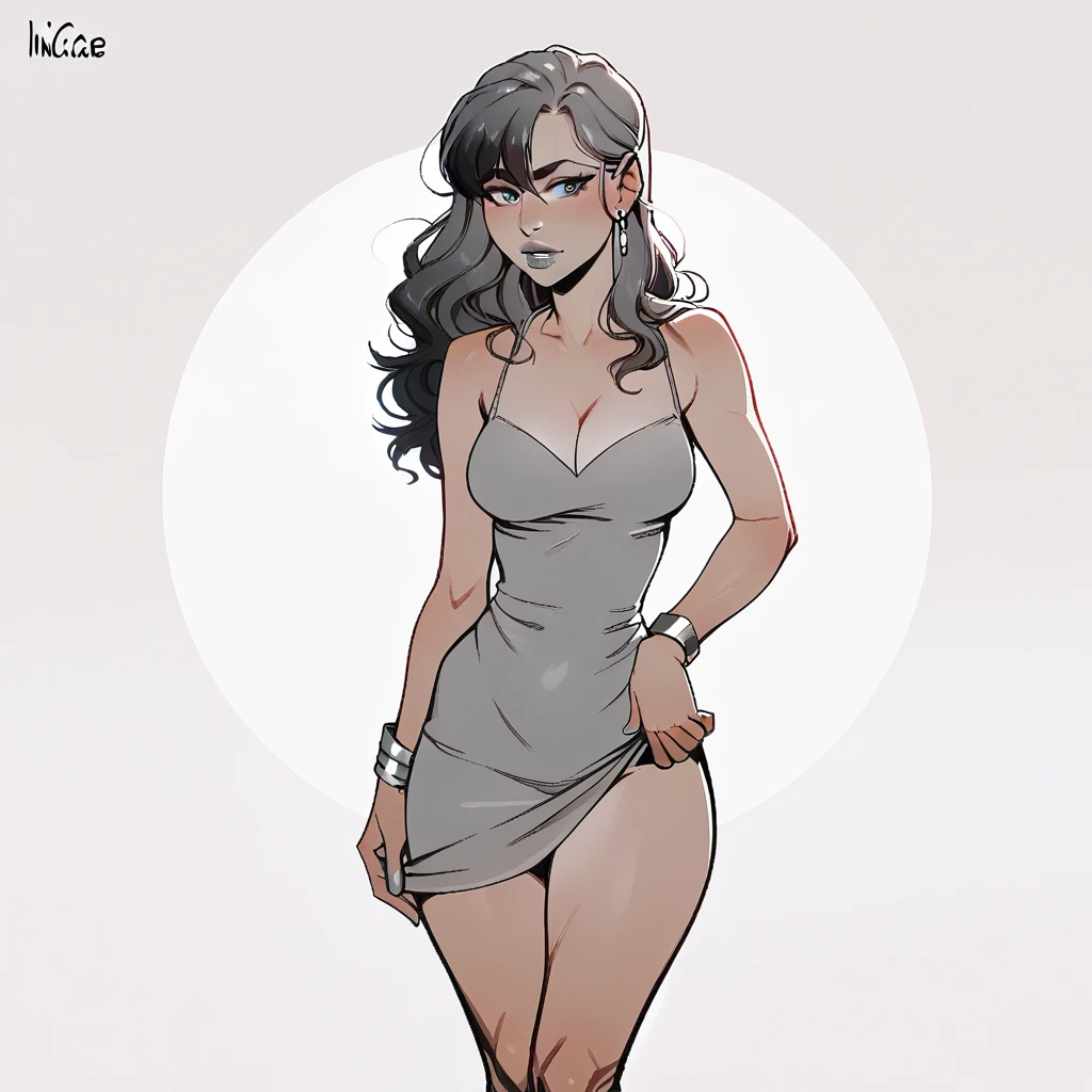 Incase_artwork style, 1 girl, standing alone, hands, beautiful woman, Asian, thick, Full wavy hair, gray hair with black highlights,  girl, straight bangs over her eyes, Gray Dress, exposed legs, wide hips, thick legs, gray lipstick, gray eyes, gray bracelets and strings, cleavage on the sides, realistic, textures, 8K, perfect hand, perfect anatomy, visible curves, Breasts,View from behind, ass