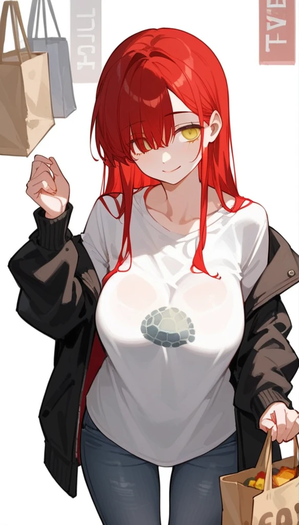 a beautiful girl with hair long red hair, red hair accents, and kawaii features, with visible eyes partially covered by bangs, large breasts, yellow slanted eyes, long bangs covering one eyes, (wearing a plain loose t-shirt, Wearing long tight jeans) (Using a black jacket, the jacket collar covers the neck of the turtle neck jacket) posing with a soft smile white background with the right eye visible Beautiful perfect eyes Eye color yellow But the apron is a little loose (The pose of the right hand holding a shopping bag, the pose of the left hand hanging down, rests on the side of the thigh) white background Standing body pose