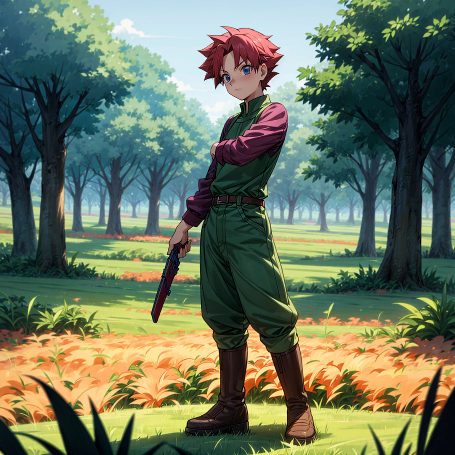 1boy, Full body version, 1character, blue eyes, short haircut, magenta color hair, Farmer style outfit, Boots, Grassroots, full background in field town, motion blur, lighting, (Hunter x Hunter style art), shotgun in hand