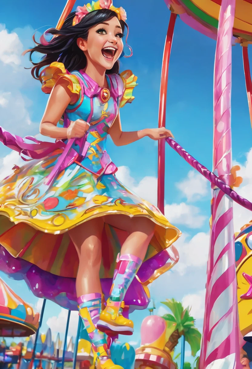 Bayley, sporting her vibrant and colorful ring gear, in an unexpected environment that perfectly complements her cheerful and energetic personality. Place her in a whimsical amusement park, surrounded by roller coasters, cotton candy vendors, and a clear blue sky. Bayley is embracing the carefree spirit of the day off, laughing joyfully as she enjoys a ride on a carousel with a big smile on her face. Capture the fun and excitement of this playful moment as Bayley adds her infectious energy to the whimsical world around her.