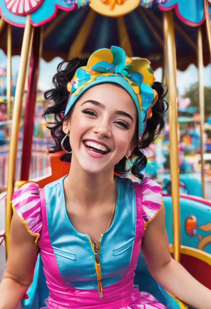 Bayley, sporting her vibrant and colorful ring gear, in an unexpected environment that perfectly complements her cheerful and energetic personality. Place her in a whimsical amusement park, surrounded by roller coasters, cotton candy vendors, and a clear blue sky. Bayley is embracing the carefree spirit of the day off, laughing joyfully as she enjoys a ride on a carousel with a big smile on her face. Capture the fun and excitement of this playful moment as Bayley adds her infectious energy to the whimsical world around her.