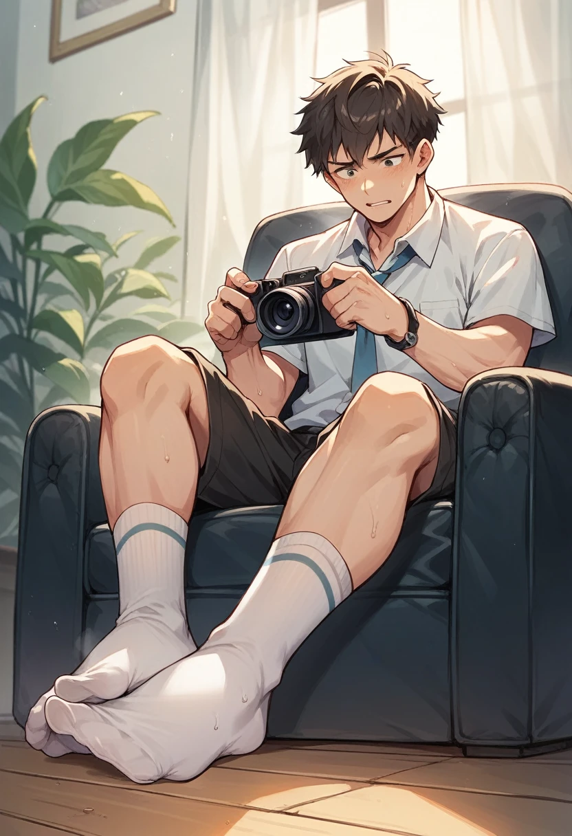 Anime boy scrunching his feet in white sweaty thin socks close to camera under the chair while sitting down
