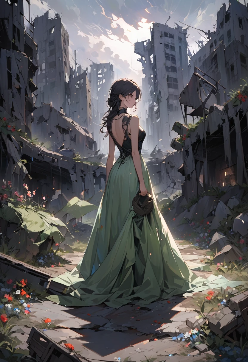Masterpiece Oil painting, ((resilient)) (from back. Looking at the horizon) 1 gorgeous European woman. Age 23. standing amidst nuclear wasteland ruins, delicate flowers emerging from the desolation, ominous clouds casting shadows, ((haunting beauty)), post-apocalyptic. Dramatic light.