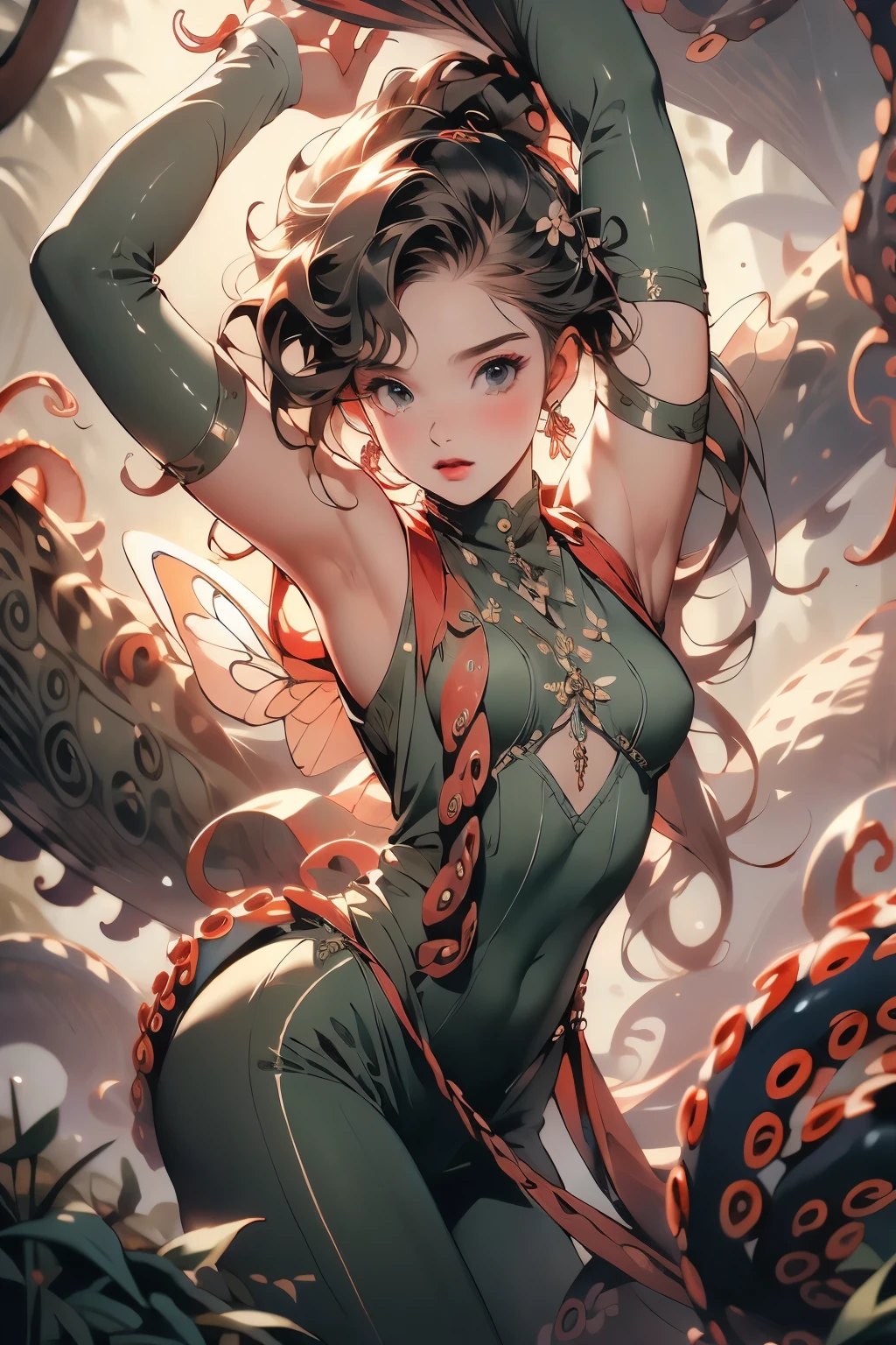  ((best quality)), ((masterpiece)), (detailed), 1 fairy girl, off-shoulder sweater, a fairy, fairy girl, winged pixie girl, girl fairy, various different types of insect wings, small breasts, NSFW，Covered with tentacles, encoiled by tentacles, Tentacles around the body, many tentacles, captured by tentacles, bound by tentacles, trapped by tentacles, Fine details，Tentacled，Tied with tentacles, roaming tentacles, drooling，Crying，horrified expression, panic, fight for survival, Detailed body，Full limbs，NSFW, being pulled into a flower, wild environment, jungle, terrifying floral environment, horrific nature, predatory flora, fairy catcher, fairy trapper, fairy catcher plant, fairy trapper-plant, fairy catcher flower, fairy trapper-flower inspired by carnivorous plants; a plant occupying the equivelant evolutionary niche as a spider would 