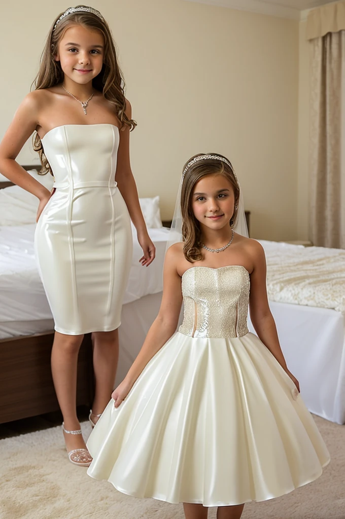 ((young girl))((ten bride))((12ear-girl (wearing a short strapless ((((bodycon))) latex wedding dress) standing next to the bed,