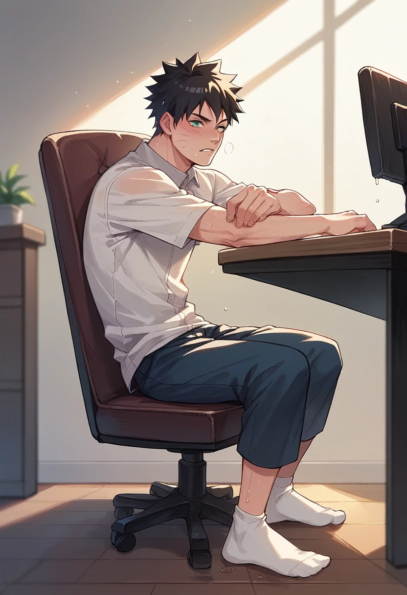 Anime boy Naruto very wet sweaty white socks under chair so close to the camera