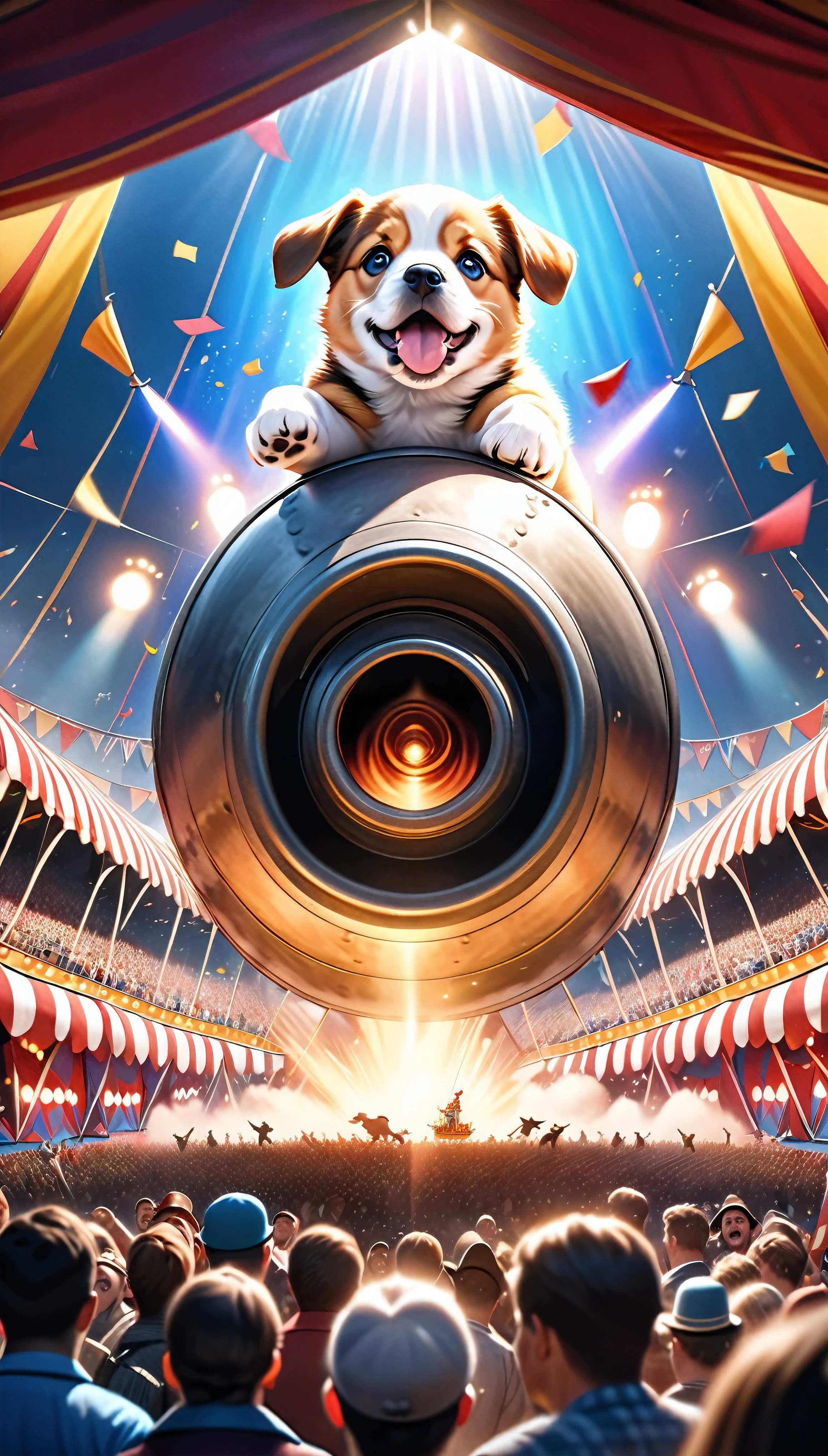 a cute puppy flying through the air, a large cannon facing towards the viewer in the distant background, a big circus performance, (best quality,4k,8k,highres,masterpiece:1.2),ultra-detailed,(realistic,photorealistic,photo-realistic:1.37),1 puppy,extremely detailed fur,extremely detailed eyes,extremely detailed nose,extremely detailed mouth,highly detailed cannon,highly detailed circus tent,dramatic lighting,vibrant colors,cinematic composition,whimsical,imaginative,surreal