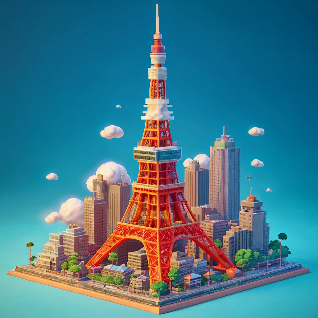 tokyo tower in 3d realistic illustration disney pixar style, (texture detailed) (masterpiece) single image, detail texture glossy plastic polished fluffy feel cartoony caricature chibi deformed proportion, striking color fusion clean limbo background, dramatic light, Sony A7 III 50mm f/1.8 Prime