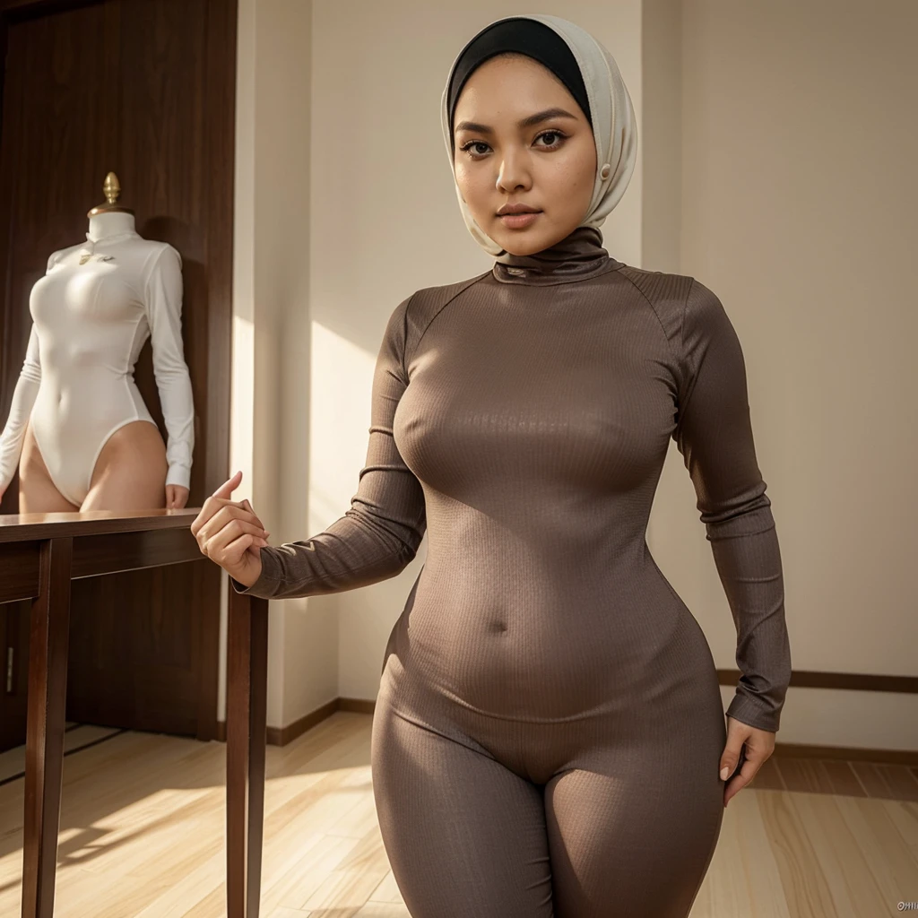 Hijab girl, beautiful, ,bigs ,body plump,siti nurhaliza face,tight lagging clothes,bodysuit