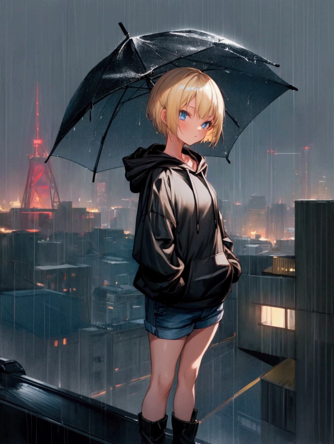 girl with blonde short hair, blue eyes, wearing short pants, black hoodie, night, rainy with lightning, on top of the building