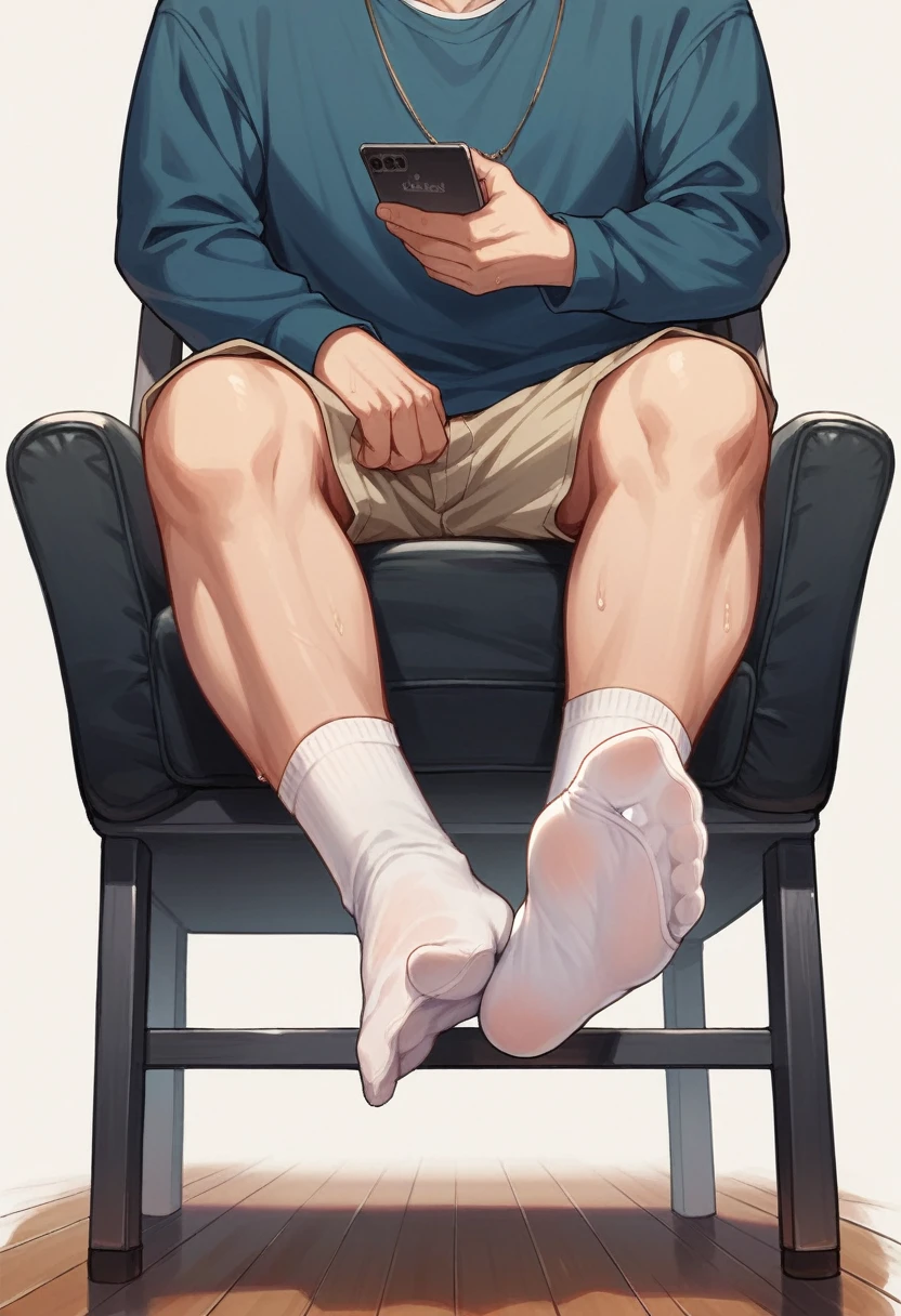 Anime boy Naruto very wet sweaty white socks under chair showing his sock feet soles so very close to the camera