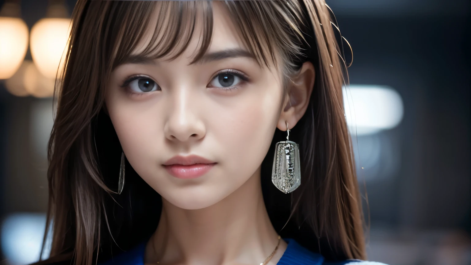 (masterpiece:1.3), (8k), (Highest quality:1.4), (Ultra-high resolution), (Realistic), (RAW Photos), (One girl), (Ultra high definition), (Detailed face), Perfect Face, (Detailed Hair), Beautiful Hair, bangs, Layered Cut, (Symmetrical eyes:1.3), (Detailed eyes), (Detailed skin), Realistic Skin, Ultra-high resolution, (Medium chest:0.6), (Slim figure), (supermodel figures), Cute Japanese Girls, Open Cafe
(Wearing an Iron Blue summer knit), Earrings, necklace,
Portraiture, Photographed inside the cafe:1.3, Cinema Lighting:1.4