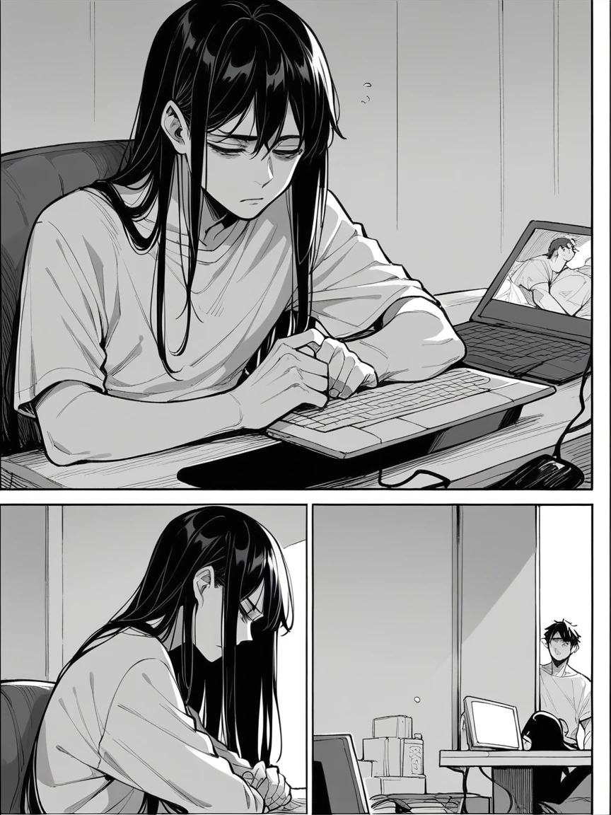 score_9, score_8_up, score_7_up, score_6_up, m4ng4, manga, monochrome, greyscale, (long hair:1.2), 1boy, comic, panels, black hair, tired, computer