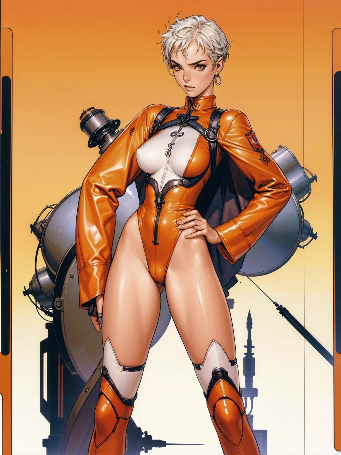 (((Annie Lennox))), ((( back view ))), (((perfect ass))), (((symbols of the Soviet Union))), (((90% RED SUIT))), (((Yellow stars))), (((hair shaved on the sides))), ((high collar)), (((best qualityer: 1.4))), (Unbeatable masterpiece), (hiper HD),(CG 8k hyper-realistic), (((short cut hair style))), (((breasts big))), (((hyper feminine))), sexly girl, Tron,((super short white hair)), ((( sculptural body ))), (((1 girl))), garota cibernética de 25 anos com perfectbody,,Beautiful and well-groomed face,muscular body:1.2,gradient color detailed jacket, (Head to thigh photos), Complex equipment, green dark,Long pants, (((standing alone))), pirralha violent, ((())), sexly, pose de atitude, work of art, post-apocalypse, (((manga style))), bounty hunter, violent, Manic, the way you want, slenderbody, thin but strong, perfectbody, roupa moderna, advanced technology, neon, sleeves with vertical striped pattern, neutral background, (( cowboy shot )). intricate visual