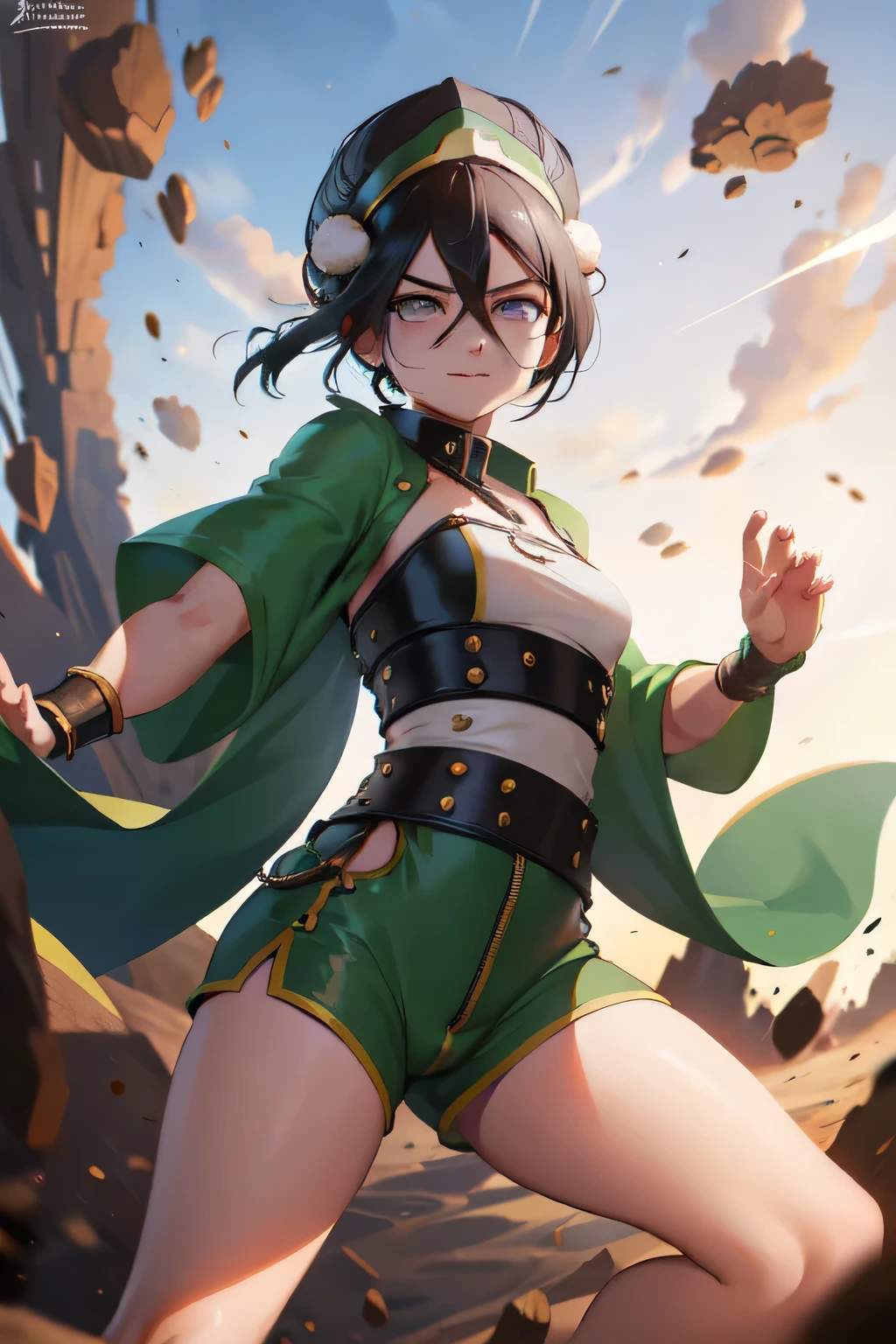 absurderes, high resolution, ultra detaild, Toph beifong , disappointed face , standing alone , branch jacket, clothes open,  Good , large breasted ,shorts , gazing at viewer , Room . 