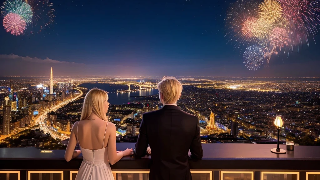 Blonde man and woman, just the two of them, dream world, spectacular view, illuminations, dress code, the man&#39;s clothes have a Y written on them, the woman&#39;s clothes have an M written on them, lovey-dovey, real, back view