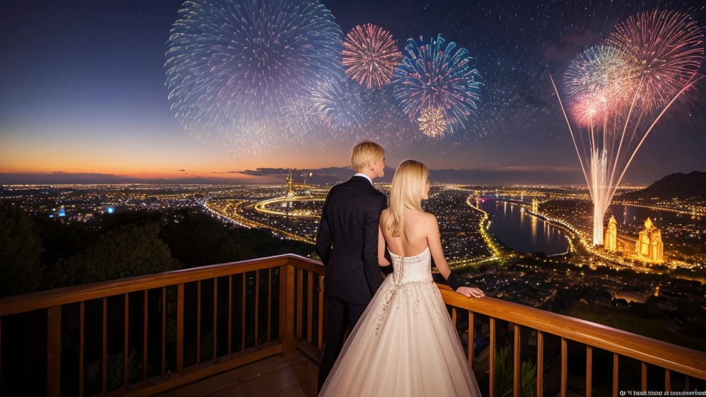 Blonde man and woman, just the two of them, dream world, spectacular view, illuminations, dress code, the man&#39;s clothes have a Y written on them, the woman&#39;s clothes have an M written on them, lovey-dovey, real, back view