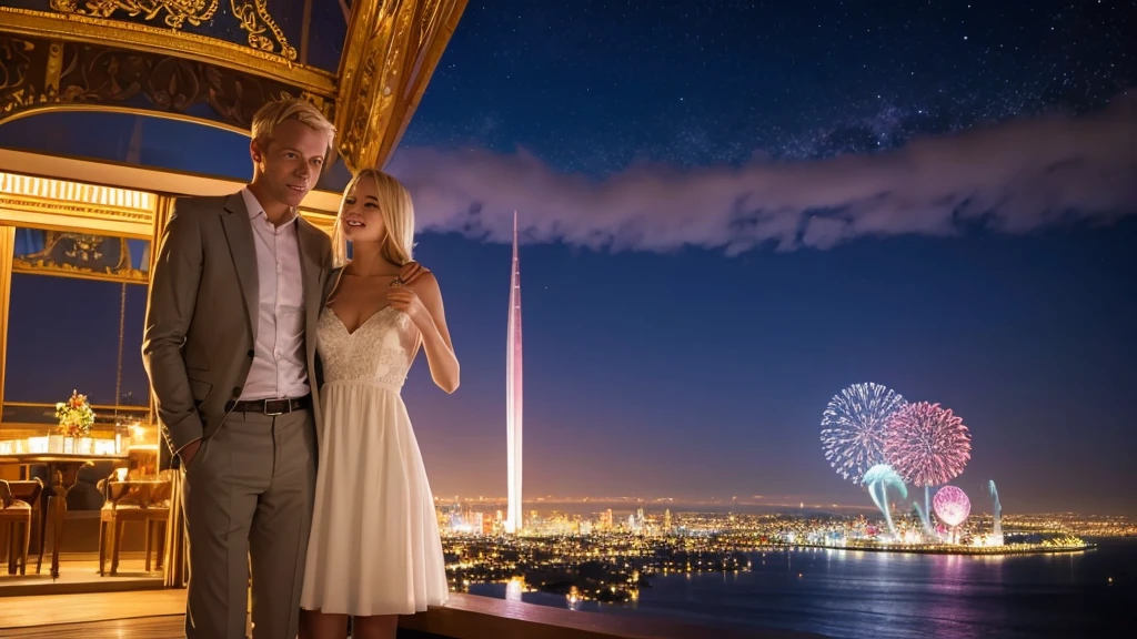 Blonde man and woman, just the two of them, dream world, spectacular view, illuminations, dress code, the man's clothes have a Y written on them, the woman's clothes have an M written on them, lovey-dovey, real, back view