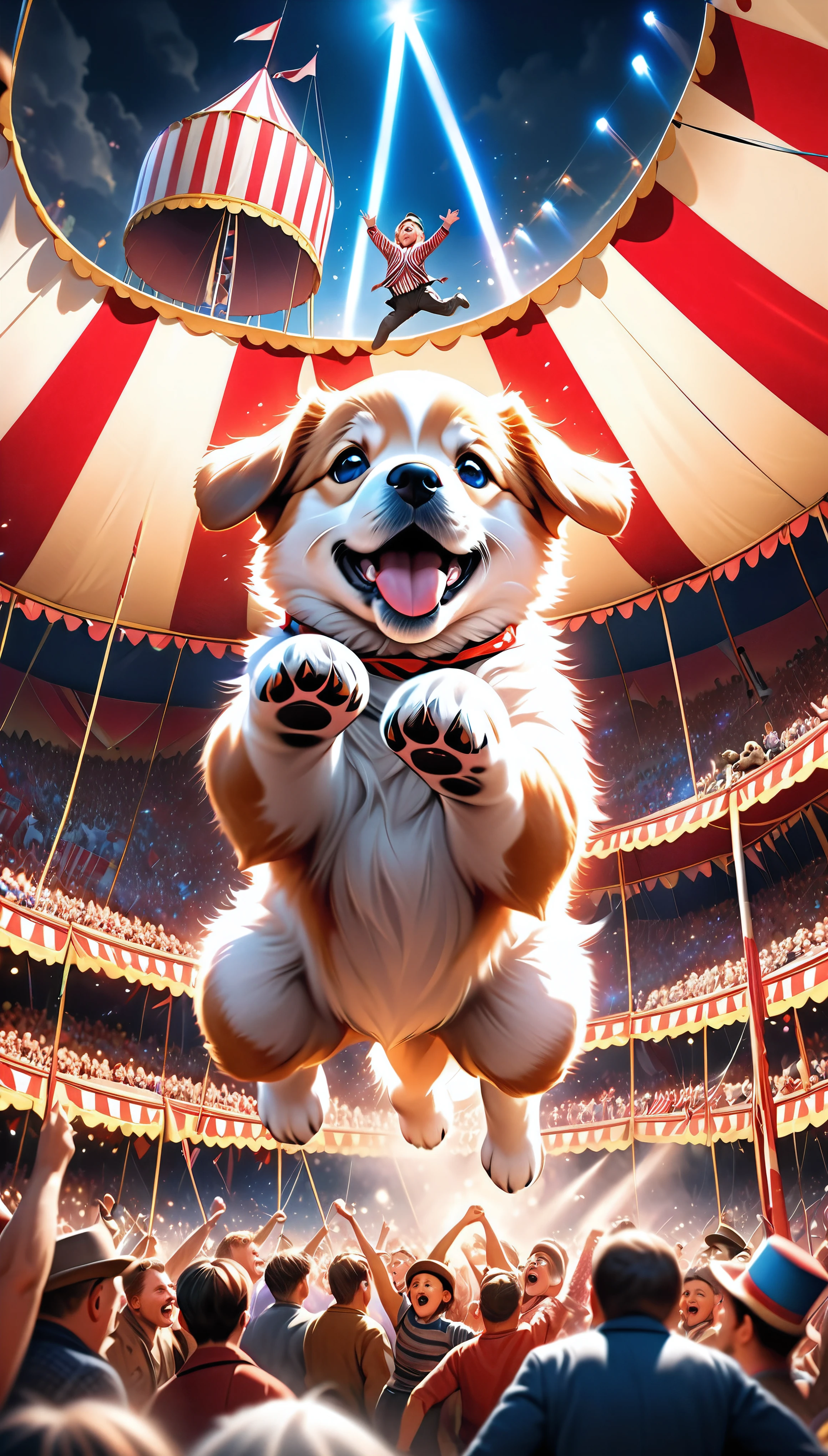 a cute puppy flying through the air, a large cannon facing towards the viewer in the distant background, a big circus performance, (best quality,4k,8k,highres,masterpiece:1.2),ultra-detailed,(realistic,photorealistic,photo-realistic:1.37),1 puppy,extremely detailed fur,extremely detailed eyes,extremely detailed nose,extremely detailed mouth,highly detailed cannon,highly detailed circus tent,dramatic lighting,vibrant colors,cinematic composition,whimsical,imaginative,surreal