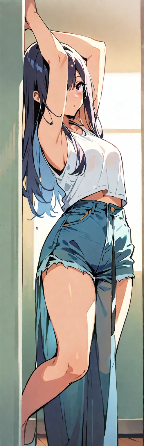 (masterpiece, Highest quality:1.2), One girl, alone,Are standing_Split, 
Long Hair, White sleeveless tank top，Blue denim see-through pants