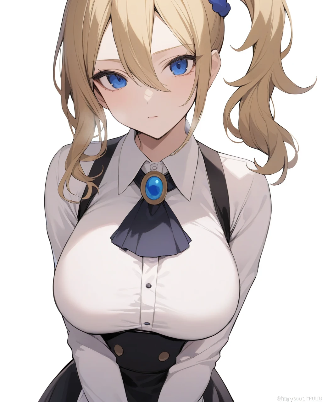 masterpiece,Highest quality,One girl, hayasaka ai, Maid, alone, White Background, Simple Background, View your viewers, Mouth closed, White shirt, Black Dress, Collared shirt, White apron, Long sleeve, Blue Scrunchie,  username, Ascot, brooch、Large Breasts、High Waist Skirt