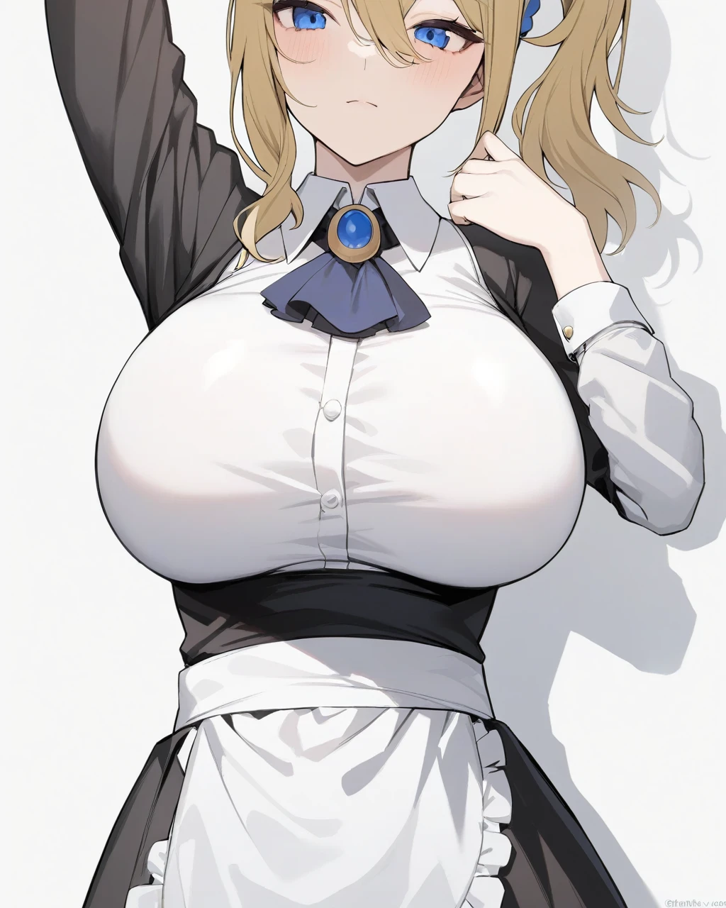 masterpiece,Highest quality,One girl, hayasaka ai, Maid, alone, White Background, Simple Background, View your viewers, Mouth closed, White shirt, Black Dress, Collared shirt, White apron, Long sleeve, Blue Scrunchie,  username, Ascot, brooch、Large Breasts、High Waist Skirt