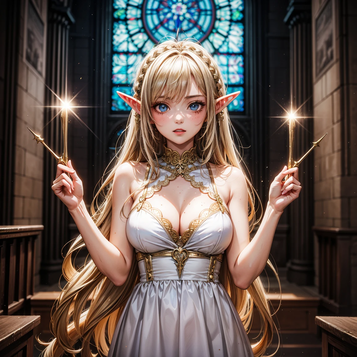 (High Detail:1.2) Anime Girl, (Best quality, Detailed), (dark, gravelly:1.3, dark:1.2), 1girl, (solo), elf, long pointed ears, long bushy hair, light gold hair, light blue eyes, freckle, white skin, sinister, intense look, background dark, Volumetric light, hyper realistic, super detailed, Dynamic pose, (medium breasts), white dress, gold staff, church.