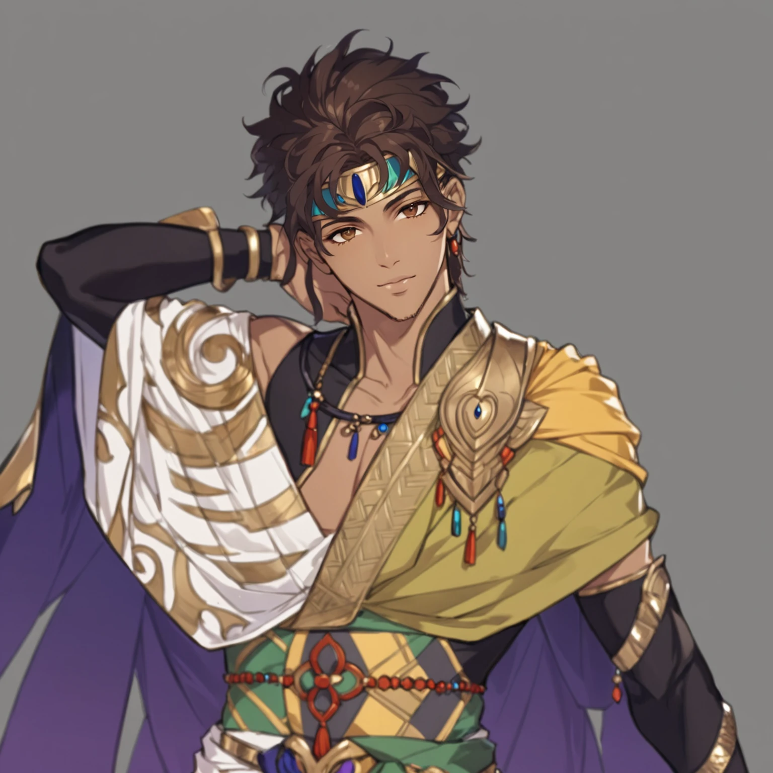 masterpiece, best quality, good quality, Fantasy Aesthetic, Highly detailed, shadowverse style, male, brown skin, persian aesthetic, brown eyes