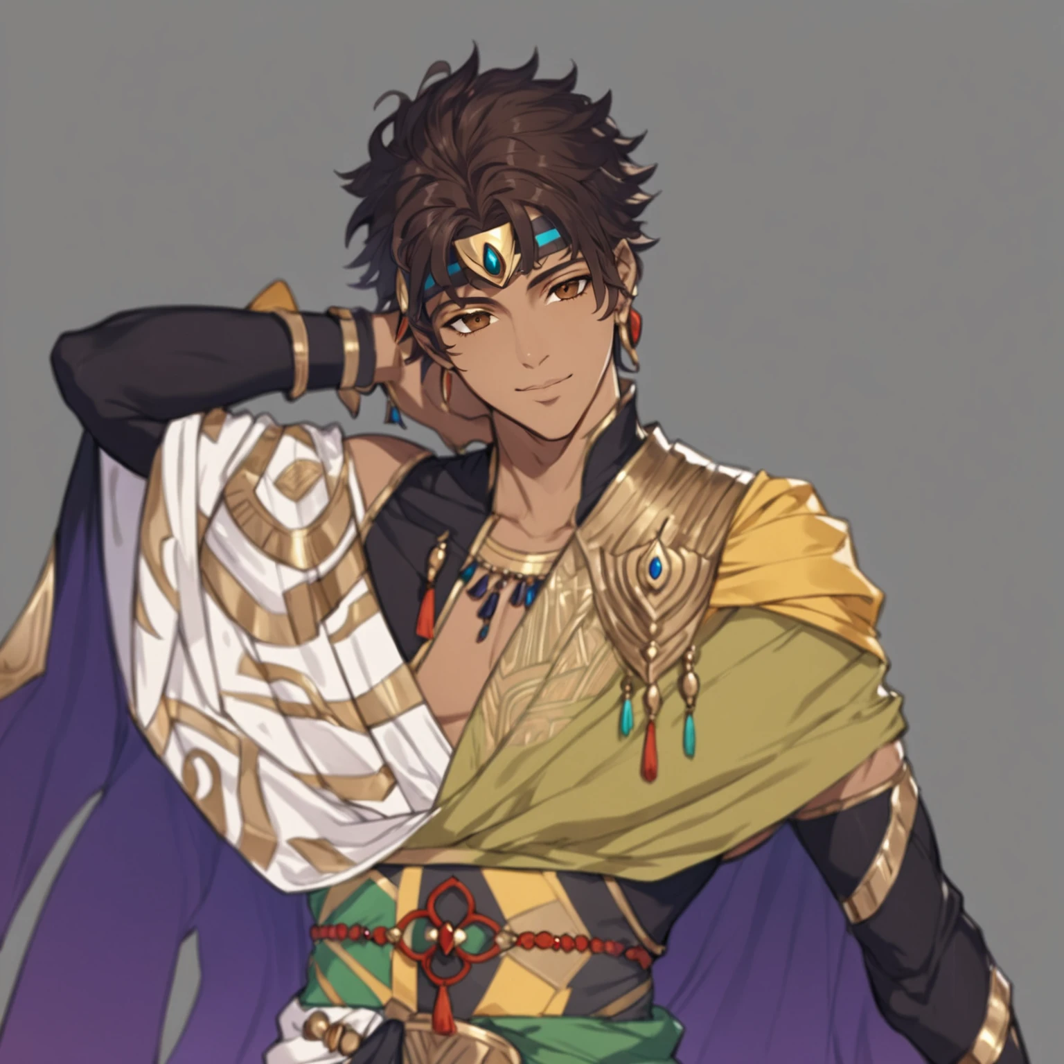 masterpiece, best quality, good quality, Fantasy Aesthetic, Highly detailed, shadowverse style, male, brown skin, egyptian aesthetic, brown eyes