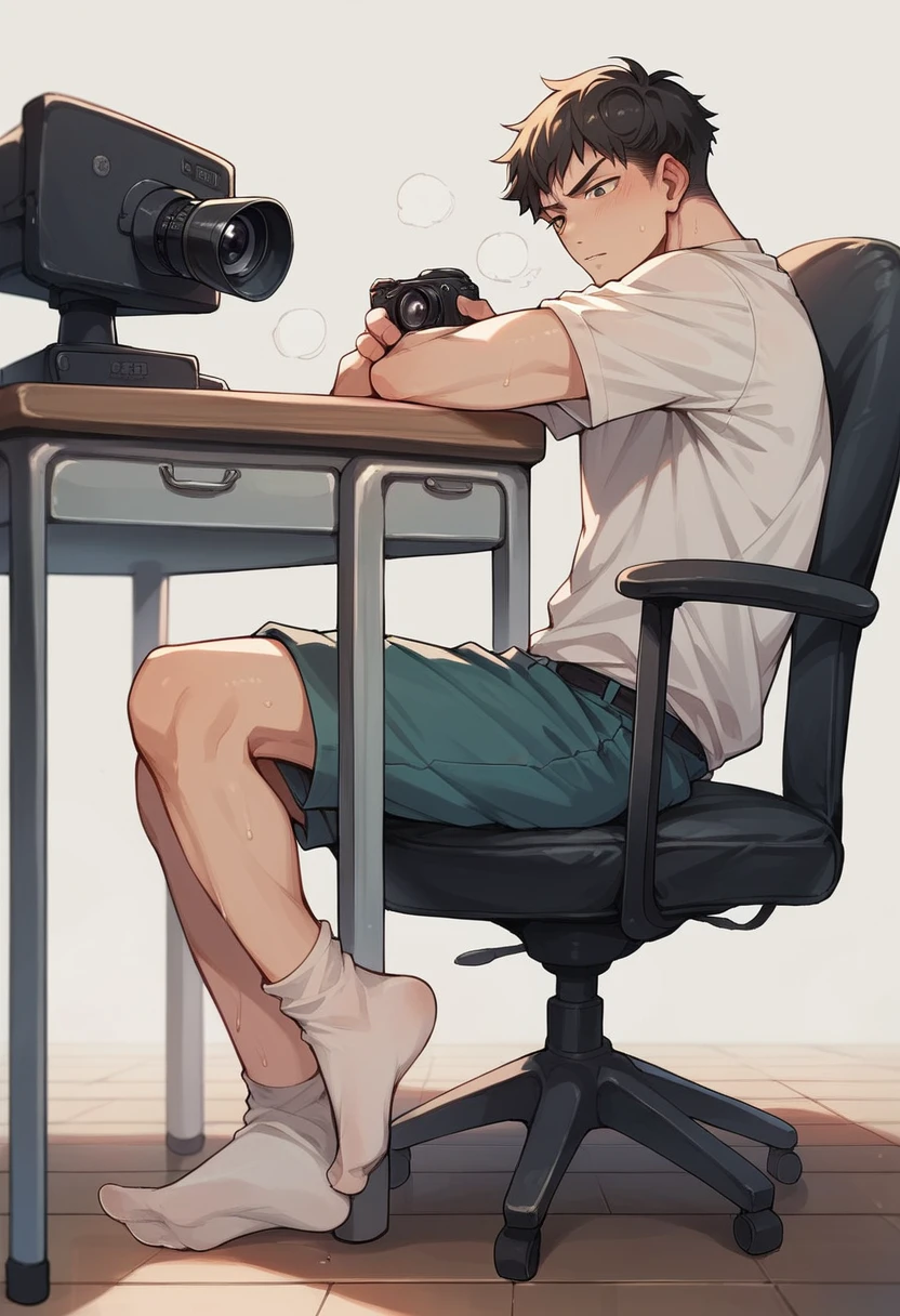 Anime boy scrunching his feet in white sweaty thin socks close to camera under the chair while sitting down
