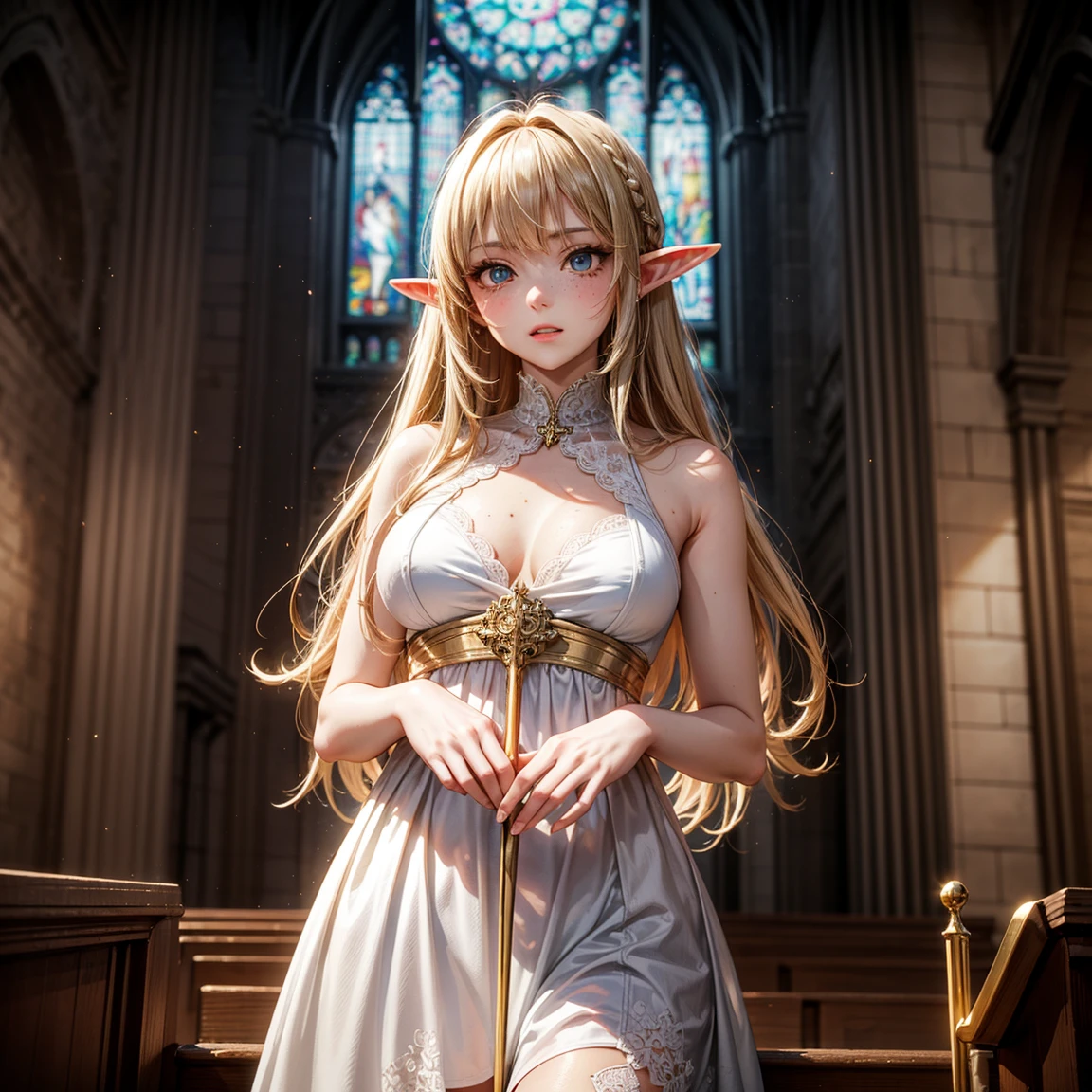 (High Detail:1.2) Anime Girl, (Best quality, Detailed), (dark, gravelly:1.3, dark:1.2), 1girl, (solo), elf, long pointed ears, long bushy hair, light gold hair, dark blue eyes, freckle, white skin, sinister, intense look, background dark, Volumetric light, hyper realistic, super detailed, Dynamic pose, (medium breasts), white dress, gold staff, church.