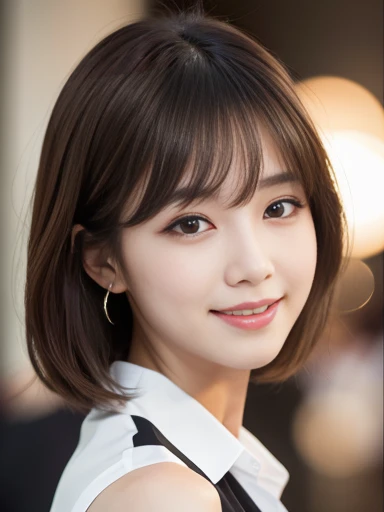 Ultra-high resolution, Superior Quality, Highest quality, Super detailed, Realistic, 8k, RAW Photos, Highest quality, masterpiece, Attractive woman, A wonderful woman, sexy, Brown Hair, Shoulder-length layered, Asymmetrical bangs, Korean Female Models, Sophisticated, stylish, Formal Shirt, Shibuya Ward, (Captivating smile),
