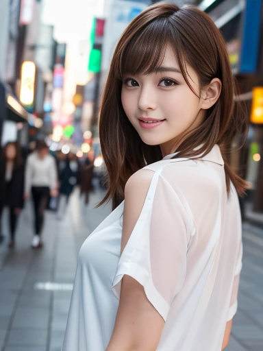 Ultra-high resolution, Superior Quality, Highest quality, Super detailed, Realistic, 8k, RAW Photos, Highest quality, masterpiece, Attractive woman, A wonderful woman, sexy, Brown Hair, Shoulder-length layered, Asymmetrical bangs, Korean Female Models, Sophisticated, stylish, Formal Shirt, Shibuya Ward, (Captivating smile), 