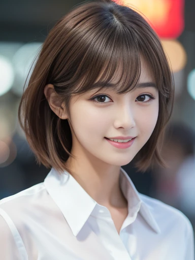 Ultra-high resolution, Superior Quality, Highest quality, Super detailed, Realistic, 8k, RAW Photos, Highest quality, masterpiece, Attractive woman, A wonderful woman, sexy, Brown Hair, Shoulder-length layered, Asymmetrical bangs, Korean Female Models, Sophisticated, stylish, Formal Shirt, Shibuya Ward, (Captivating smile), 