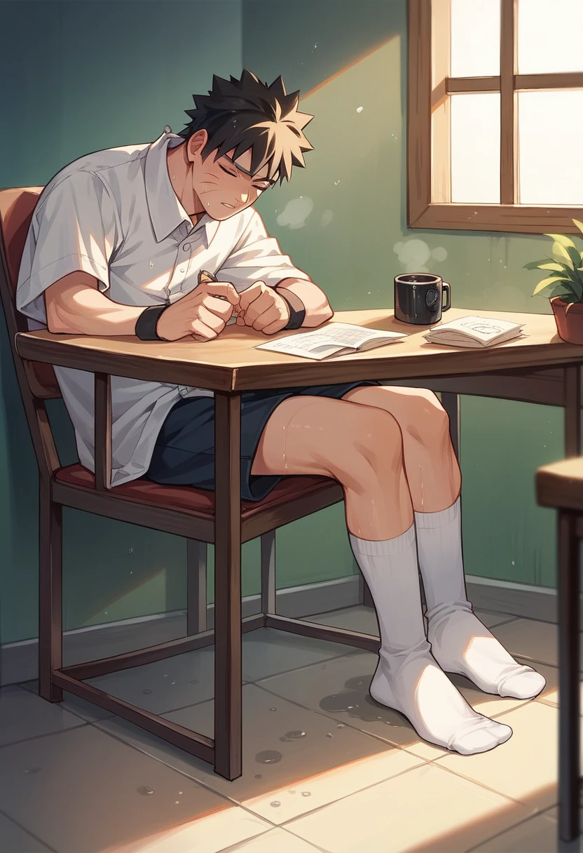 Anime boy Naruto very wet sweaty white socks under chair so close to the camera