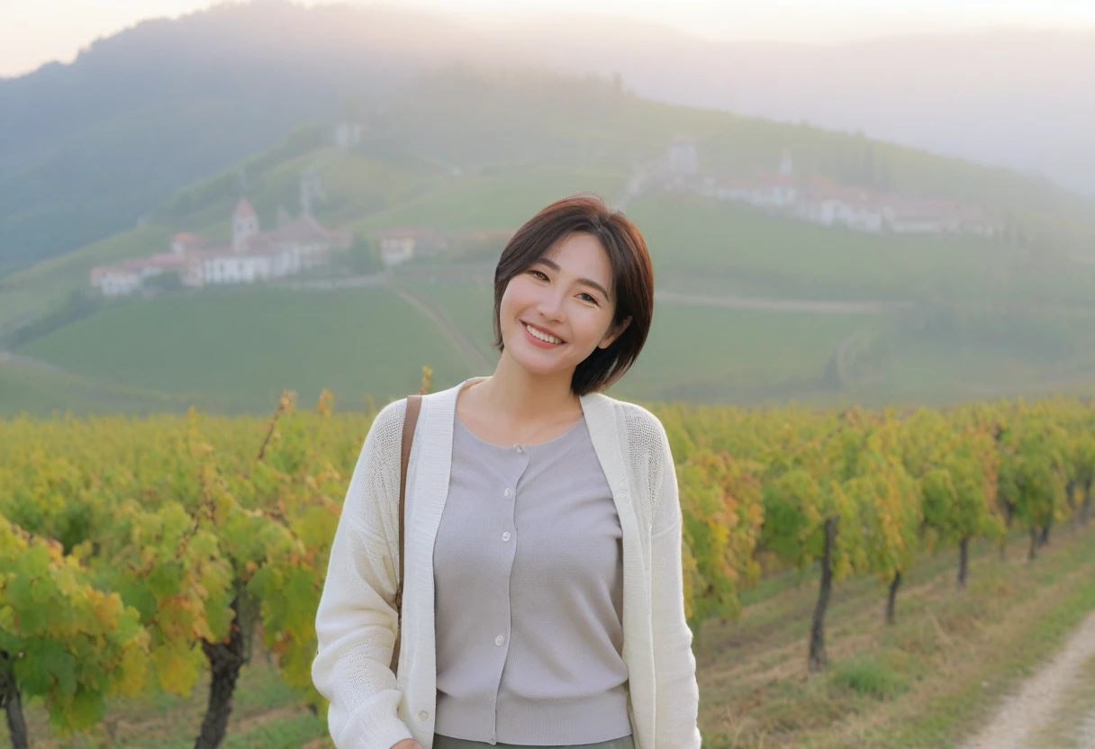 8k best picture quality, Beautiful 36-year-old Korean woman, Chest size 34 inches, Dawn in the early autumn countryside in northern Italy, View of the cathedral next to the vineyards, The back background is realistic and vivid quality., short medium hair, Shirt and white cardigan, Wear casual pants, Smile slightly. the background is clear, look up to the side., Looking at the vineyards covered in thick fog from the path on the hill