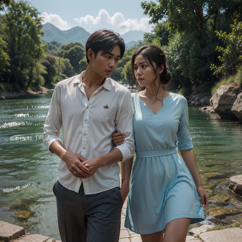 A indonesian couple (man and woman), romantic moments, the women wearing dress pra wedding, the man wearing suits, background the river at mountain, realistic detailed UHD 4k photography extreme quality, Cg unity 8k, super delicate, background blur, full depth of field, HDR high dynamics, real restoration, intricate and extreme details, perfectly presenting the style of midjourney art. realistic, elegant, goddess, surrealism, high detail, supremacy, cinematic lighting, ray tracing, shadow, uhd, retina, masterpiece, ccurate, anatomically correct, textured skin, super detail, high detail, high quality, high quality, award-winning, best quality, high resolution, 1080P, 16k, 8k, 4K, HD