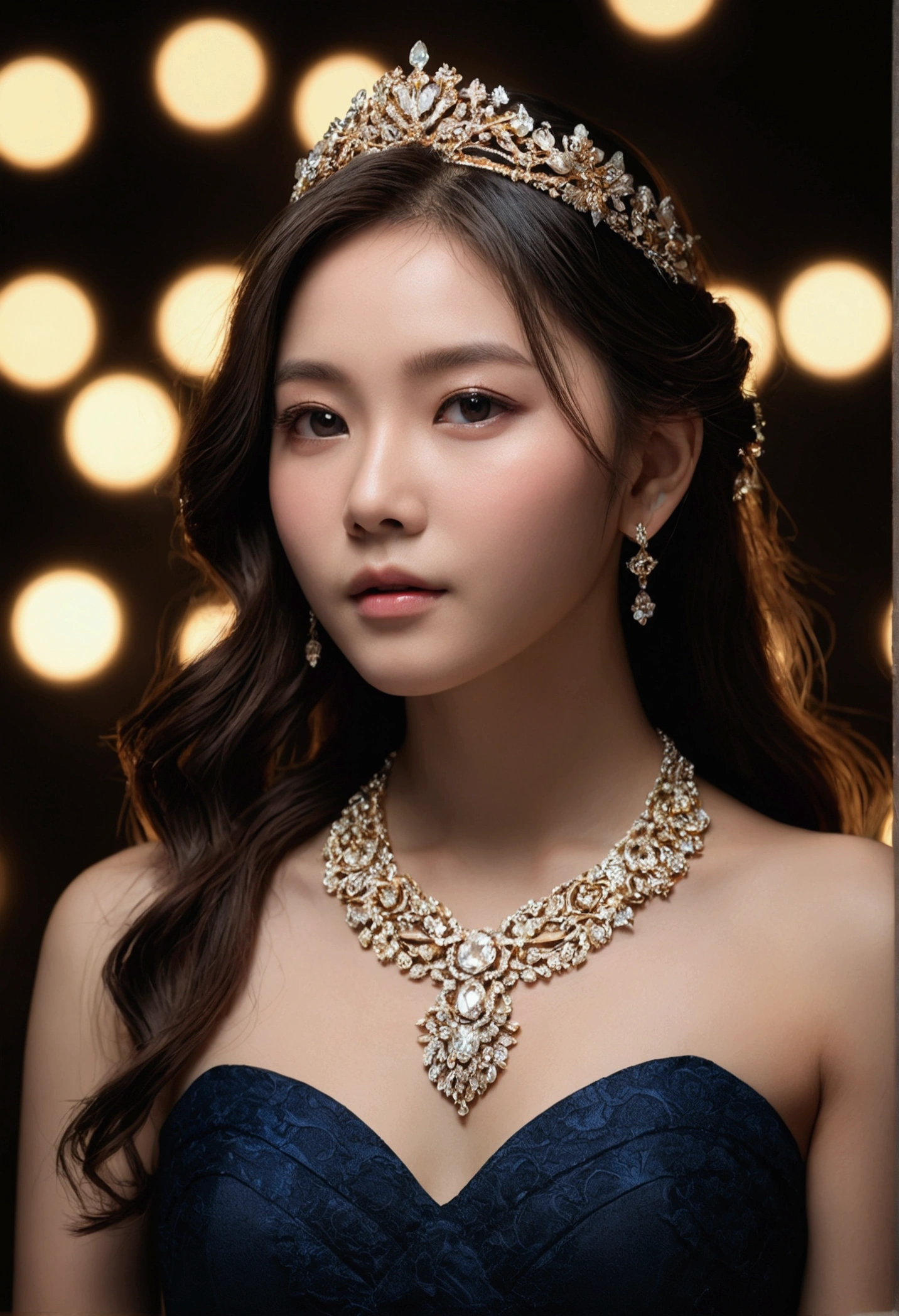 Highest quality, masterpiece, expensive_resolution, One girl, hair ornaments, necklace, jewelry, Beautiful Face, On the body, Tyndall effect, photographのようにリアル, Dark studio, Rim Light, Two-tone lighting, (expensive detailed skin:1.2), 8k uhd, Digital SLR, Soft lighting, expensive quality, Volumetric lighting, Frank, photograph, expensive resolutionolution, 4K, 8k, Bokeh, Medium chest, Open fingers,