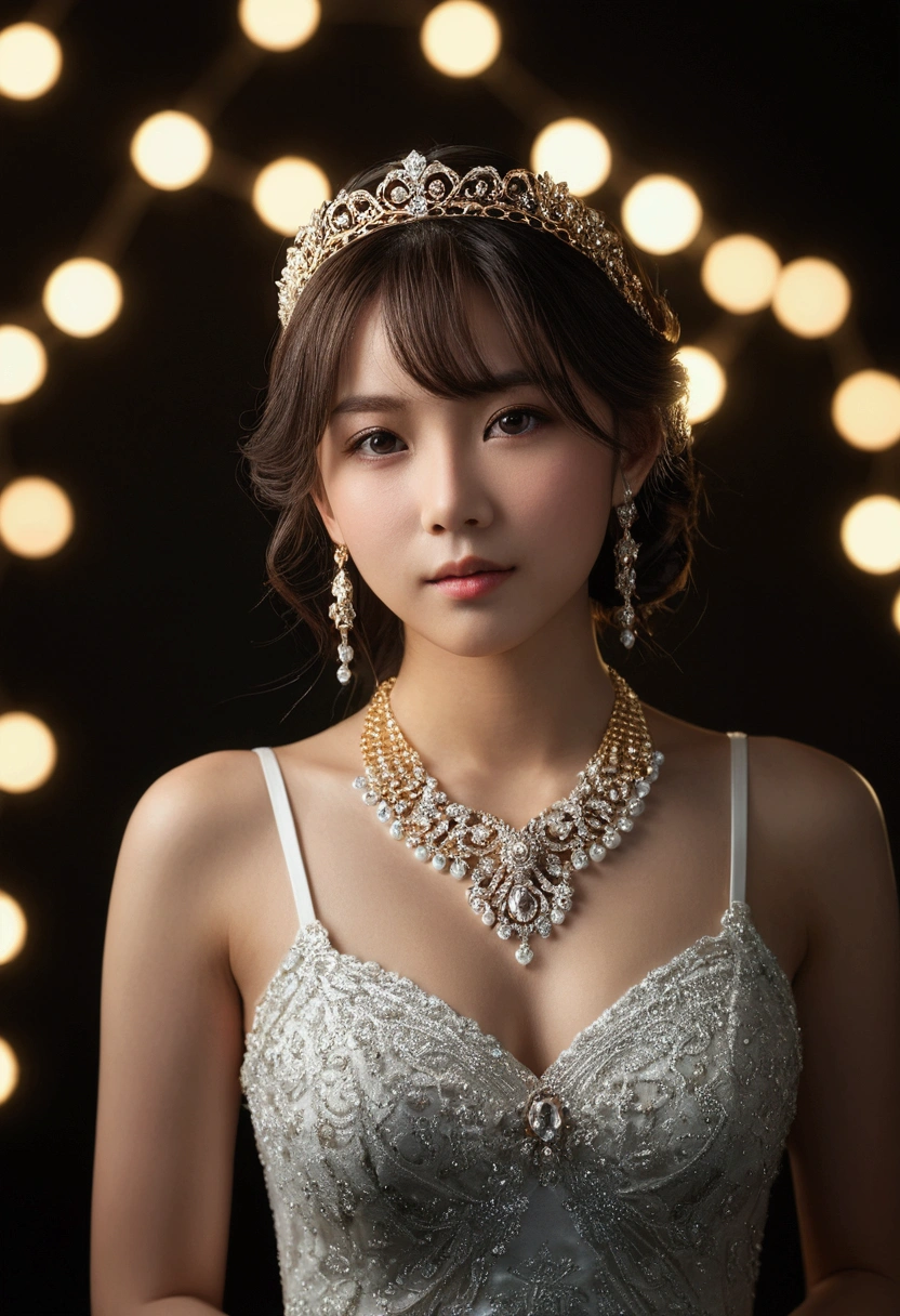 Highest quality, masterpiece, expensive_resolution, One girl, hair ornaments, necklace, jewelry, Beautiful Face, On the body, Tyndall effect, photographのようにリアル, Dark studio, Rim Light, Two-tone lighting, (expensive detailed skin:1.2), 8k uhd, Digital SLR, Soft lighting, expensive quality, Volumetric lighting, Frank, photograph, expensive resolutionolution, 4K, 8k, Bokeh, Medium chest, Open fingers,