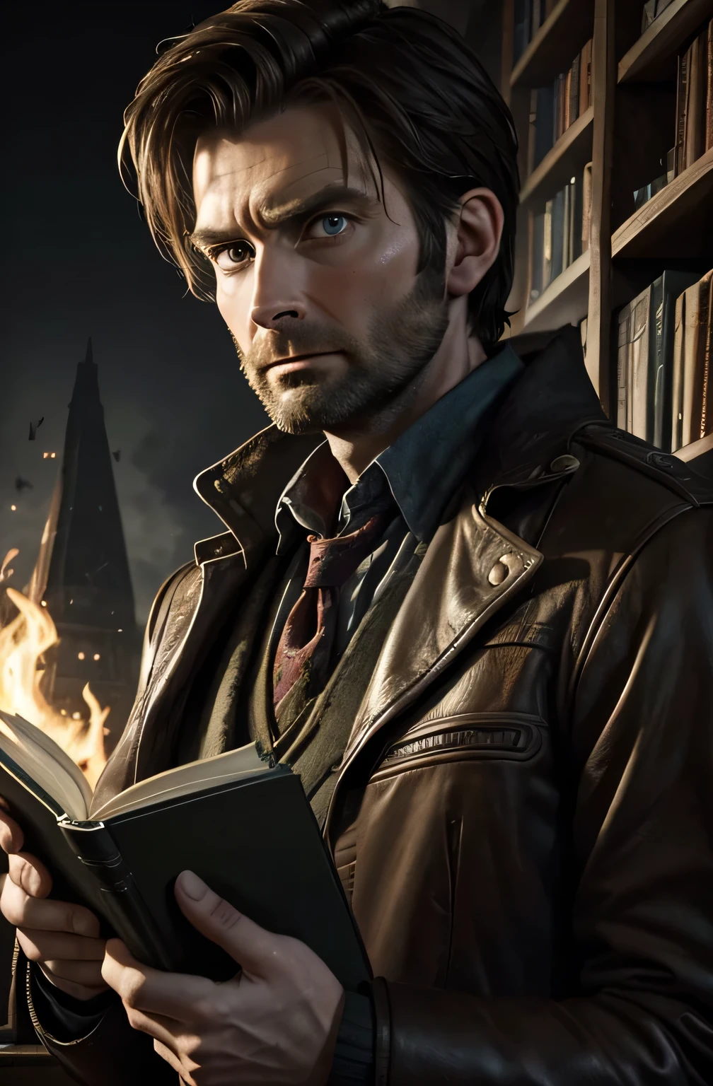 Detailed image of an epic movie poster featuring David Tennant lookalike with a stumble beard, with a determined expression on his face. With modern gadgets and old books, range rover equipped with high technology. ((cryptid hunter)) . Atmosphere of mystery and adventure with a touch of comedy. In epic fantasy style. Low pov. Dramatic. Drew struzan style