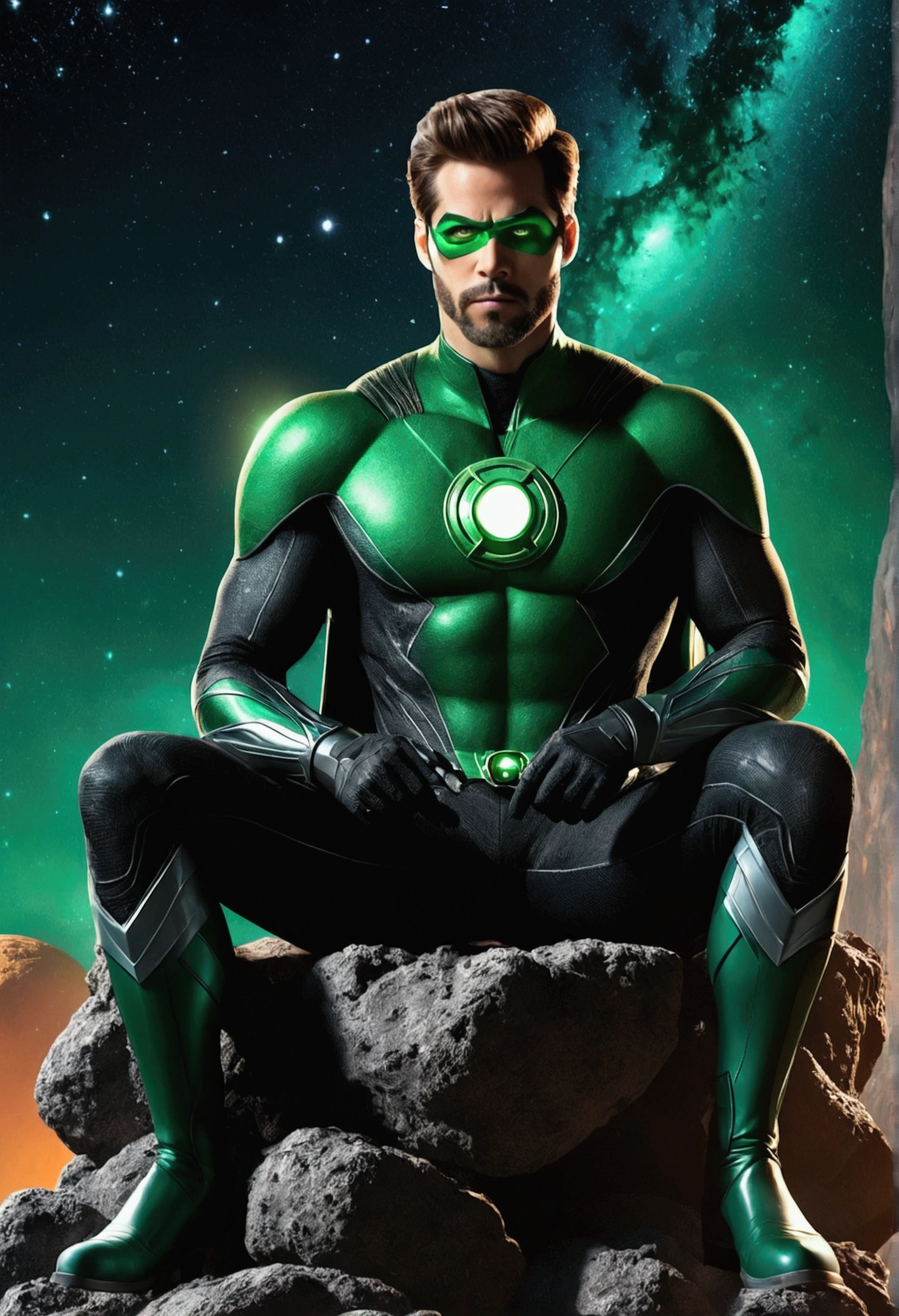 Green Lantern sits on a floating research platform in the middle of an asteroid belt. He uses notes to study, It is surrounded by several asteroids that emit a fiery aura.. Dramatic light from distant stars and planets illuminates the scene, Cast a deep shadow on the costume. Young people seem confident and determined, Gaze with wonder and reverence at the vast and mysterious universe, Facial hair, Cowboy Shot,