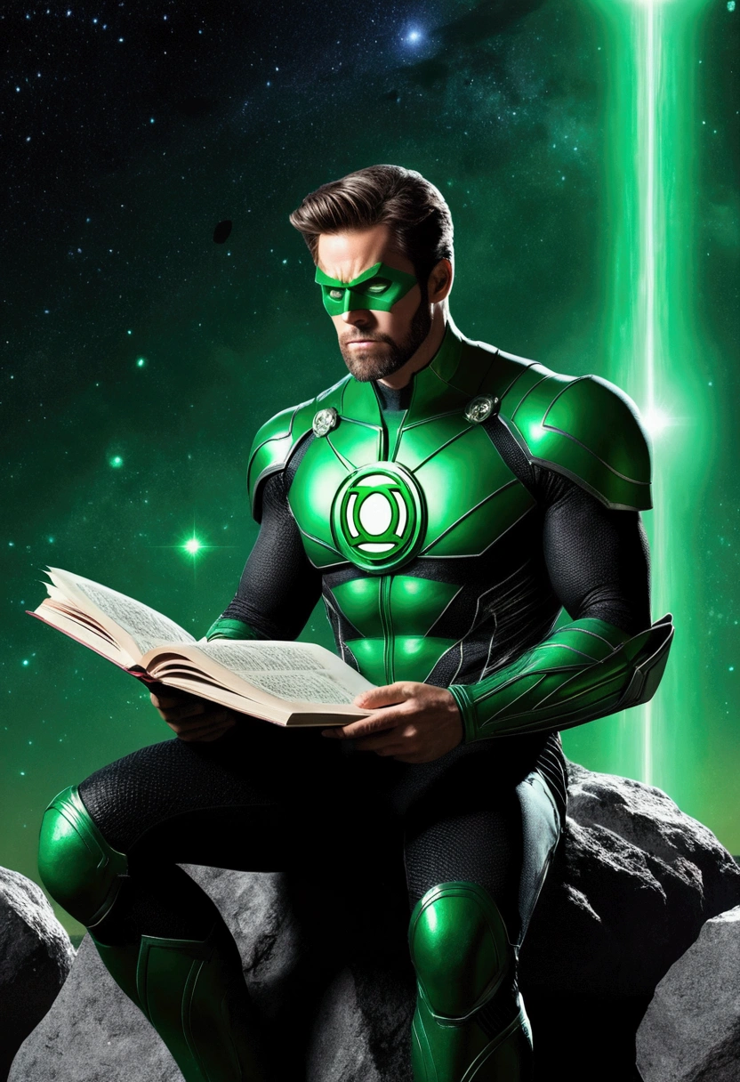Green Lantern sits on a floating research platform in the middle of an asteroid belt. He uses notes to study, It is surrounded by several asteroids that emit a fiery aura.. Dramatic light from distant stars and planets illuminates the scene, Cast a deep shadow on the costume. Young people seem confident and determined, Gaze with wonder and reverence at the vast and mysterious universe, Facial hair, Cowboy Shot,