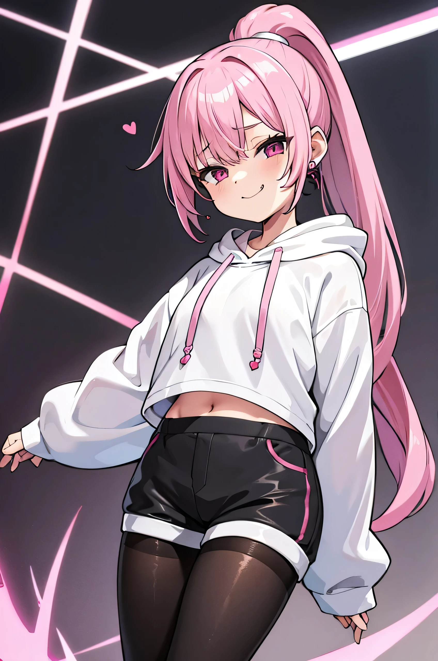 Cute, 1girl, pink hair ponytail, white hoodie, black tight shorts, see through pantyhose, smug, pink eyes with heart in it, earphones