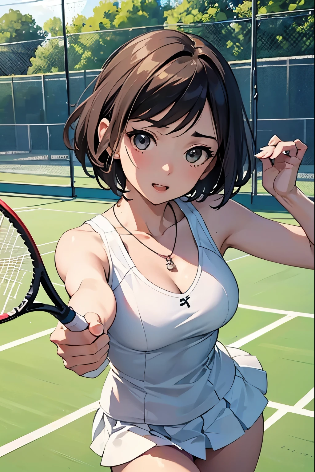 Tennis Beautiful Mature Woman、Fleshy ladies、 Enchanting Girl、front、necklace、Short Hair、Adorable expression、Sexy、Tennis court、Shoot the ball with a realistic racket while running、Net、Volley