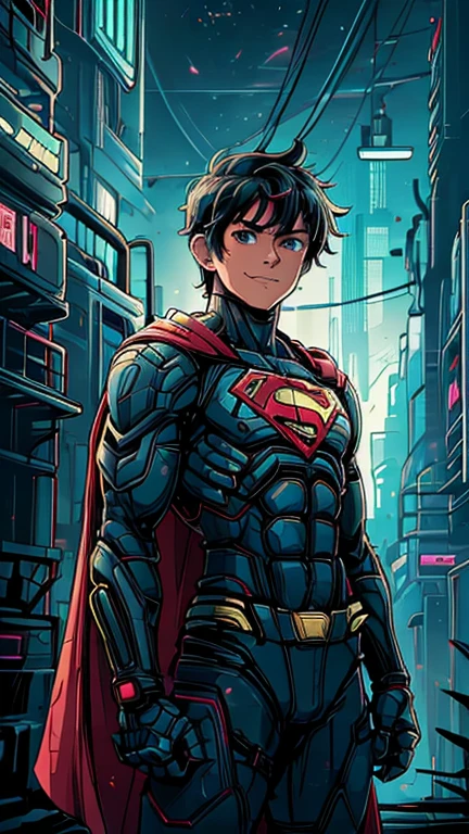 (8k),(masterpiece),(Japanese),(13-year-old boy),((innocent look)),((Childish)),From the front,Cowboy shot, upper body, smile,cute,Innocent,Kind eyes,Flat chest, DC Superman superhero, red cape, short,Hair blowing in the wind, Black Hair,Strong wind,midnight,dark, pitch black, Neon light CyberpunkAI Metropolis City,