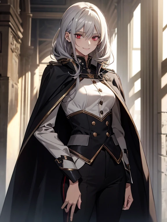 (Confused, High resolution, Very detailed), 1 female, Silver Hair,Shortcuts,Bright red eyes,White and black military uniform,24th generation,beauty,mature,thin,quiet,Calm,A small smile,A kind smile,Embarrassed smile,In front of the person I like,Long Cape,Slender and thin,boots,skinny pants,grassland,Small breasts,