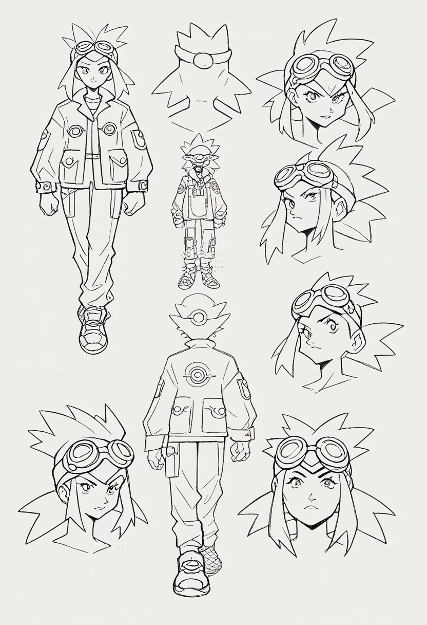 Full body Character sheet of A pair of boy and girl digimon protagonist wearing goggles on their head Y2K fashion outfits, full body dynamic pose concept art Pokemon trainer art