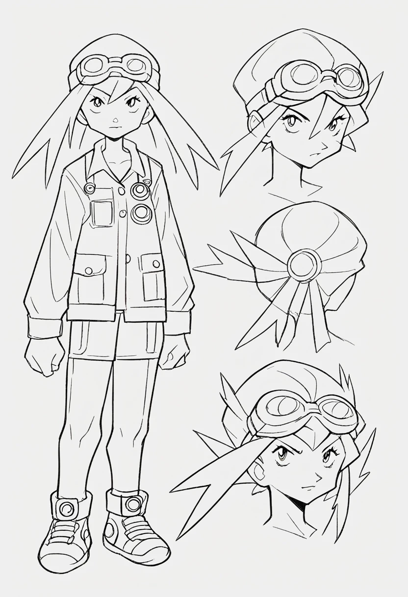 Full body Character sheet of A pair of boy and girl digimon protagonist wearing goggles on their head Y2K fashion outfits, full body dynamic pose concept art Pokemon trainer art
